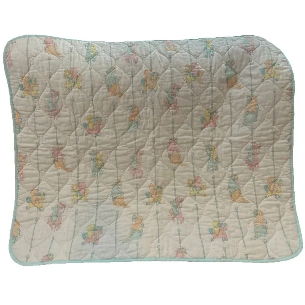 Vintage 80s Morgan Inc Teddy Beddy Bear Carousel Quilted Baby Blanket Quilt